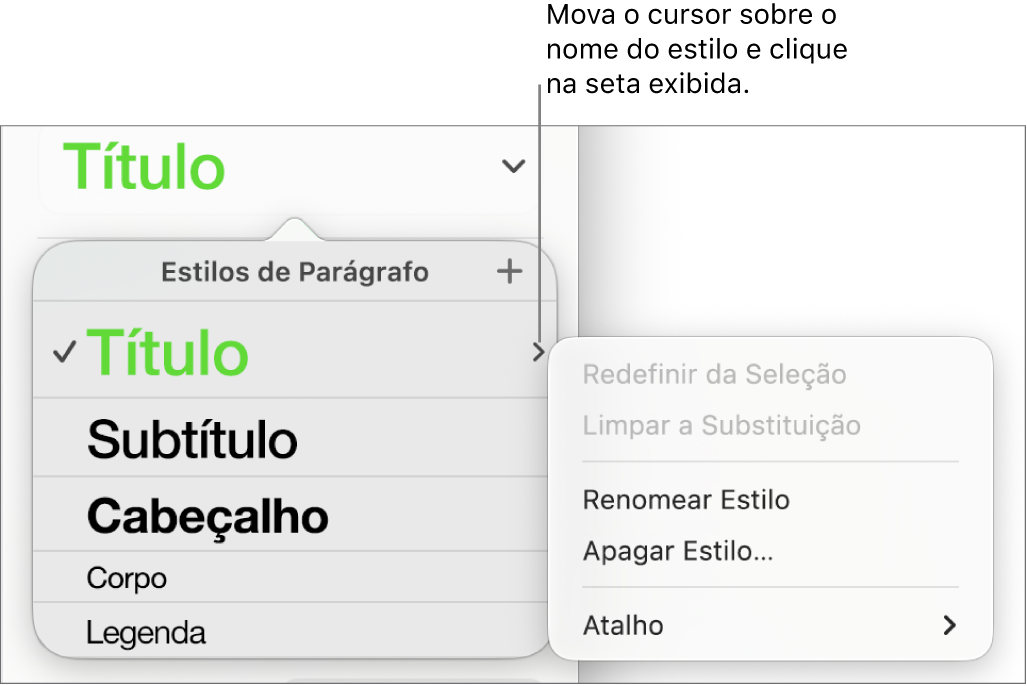 Menu Estilos de Parágrafo com o menu de atalhos aberto.