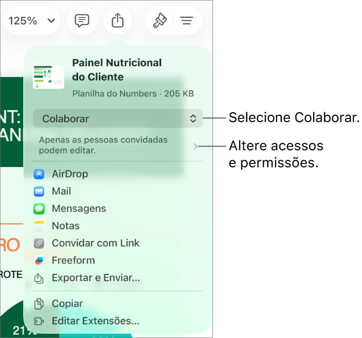 Menu Compartilhar com Colaborar selecionado na parte superior e os ajustes de acesso e permissão abaixo.