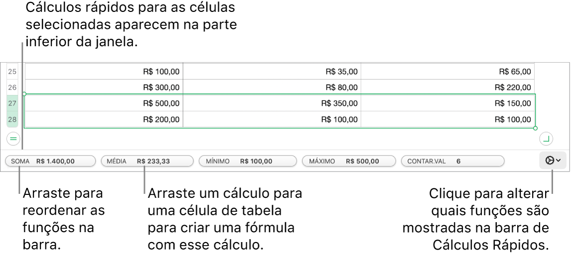 Arraste para reorganizar funções, arraste um cálculo para uma célula de tabela para adicioná-lo ou clique no menu de alteração de funções para alterar quais funções são mostradas.