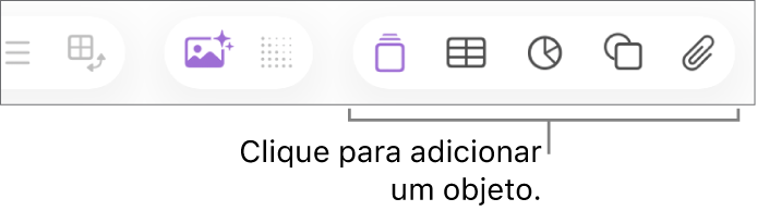 Barra de ferramentas do Numbers com os botões Inserir, Tabela, Gráfico, Texto, Forma e Mídia.