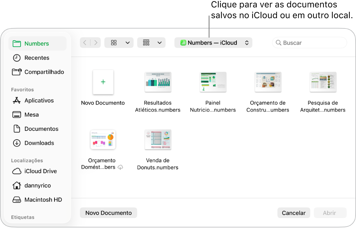 Caixa de diálogo Abrir com a barra lateral aberta à esquerda e iCloud Drive selecionado no menu pop-up na parte superior. As pastas do Keynote, Numbers e Pages são mostradas na caixa de diálogo, além do botão Novo Documento.