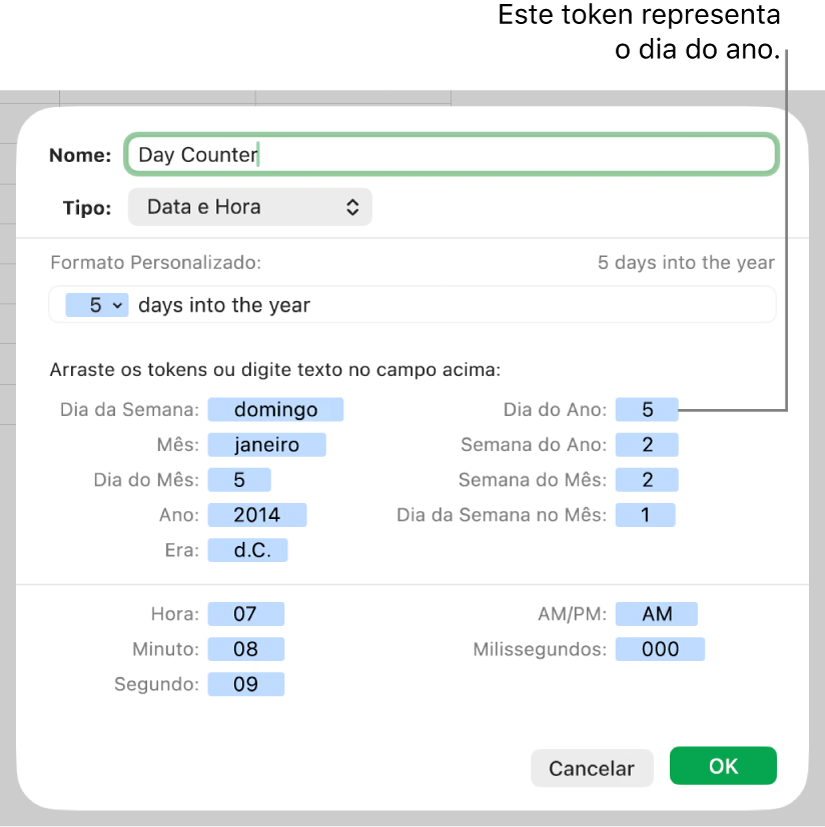 Formato personalizado de célula de data e hora.