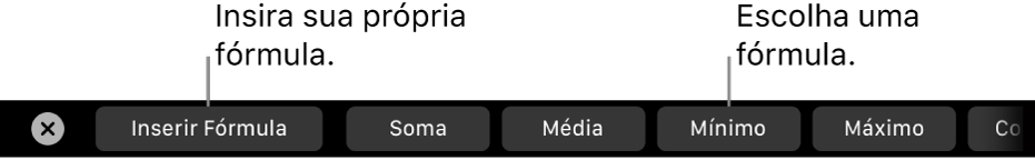 Touch Bar do MacBook Pro, com controles para inserir sua própria fórmula e escolher uma fórmula comumente usada.