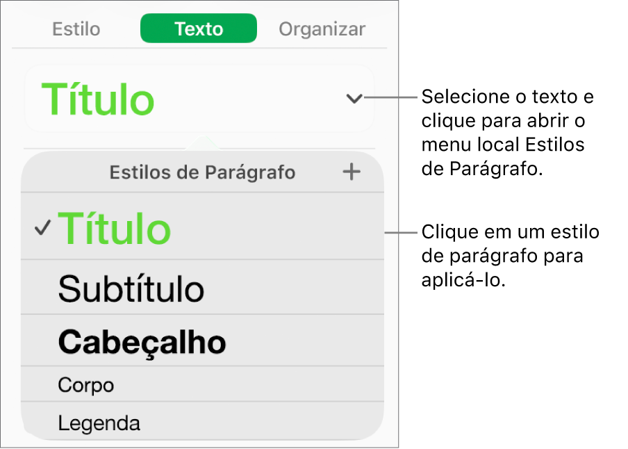 O menu Estilos de Parágrafo.