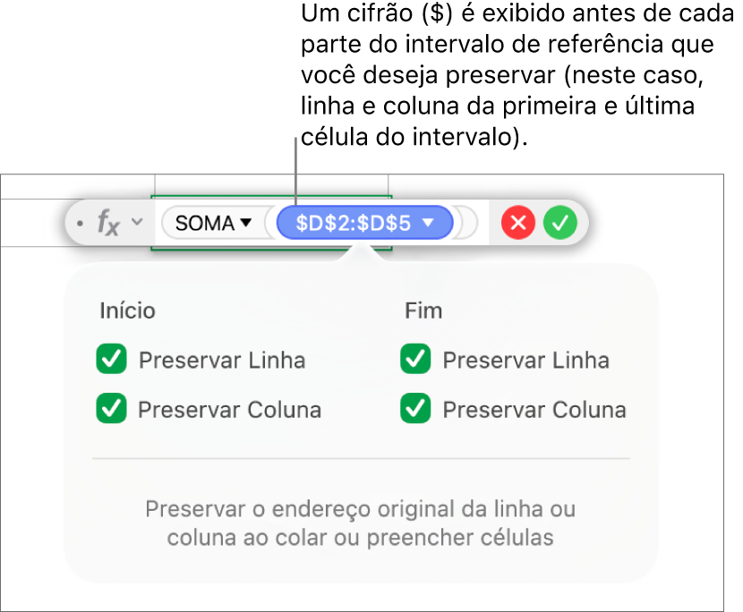 Fórmula exibindo referências de linha e coluna preservadas.