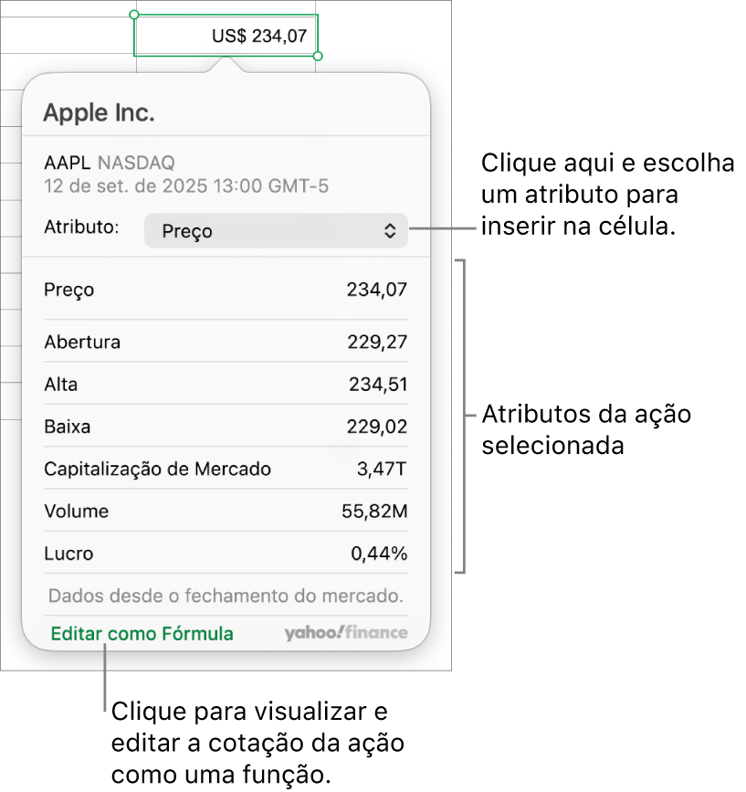 A caixa de diálogo para digitar informações de atributos de ações, com a ação da Apple selecionada.