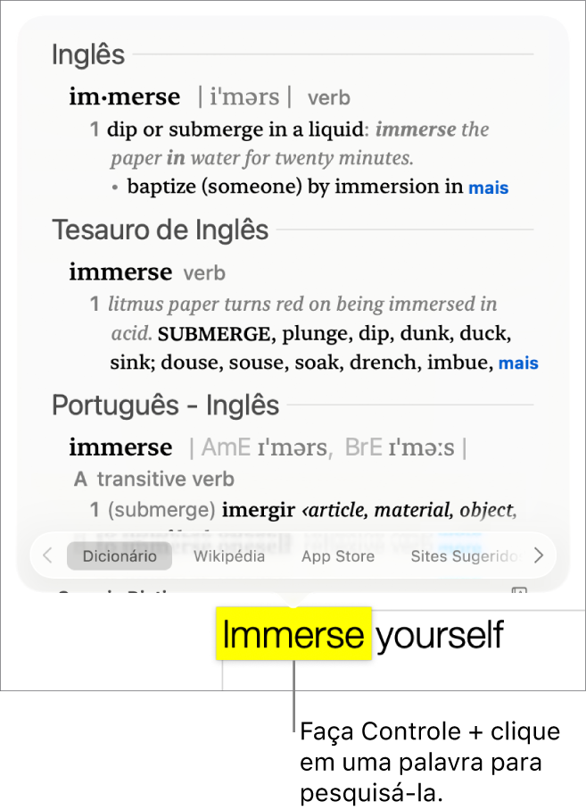 Texto com uma palavra destacada e uma janela mostrando sua definição e um resultado do tesauro. Três botões na parte inferior da janela fornecem links para o dicionário, a Wikipédia e os sites sugeridos pela Siri.