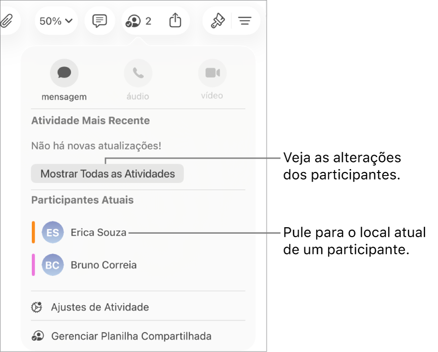 Menu de colaboração com dois participantes atuais listados.