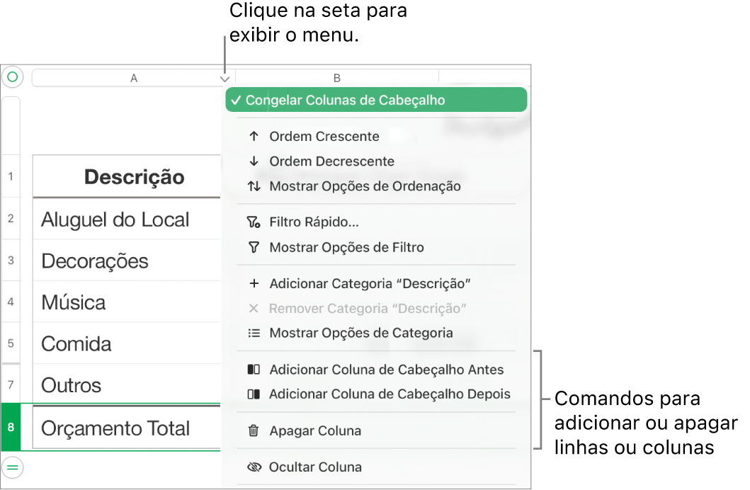 Menu da coluna de uma tabela com comandos para adicionar ou apagar linhas e colunas.