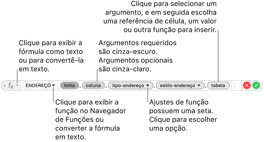 Editor de Fórmula mostrando a função ENDEREÇO e seus tokens de argumento.
