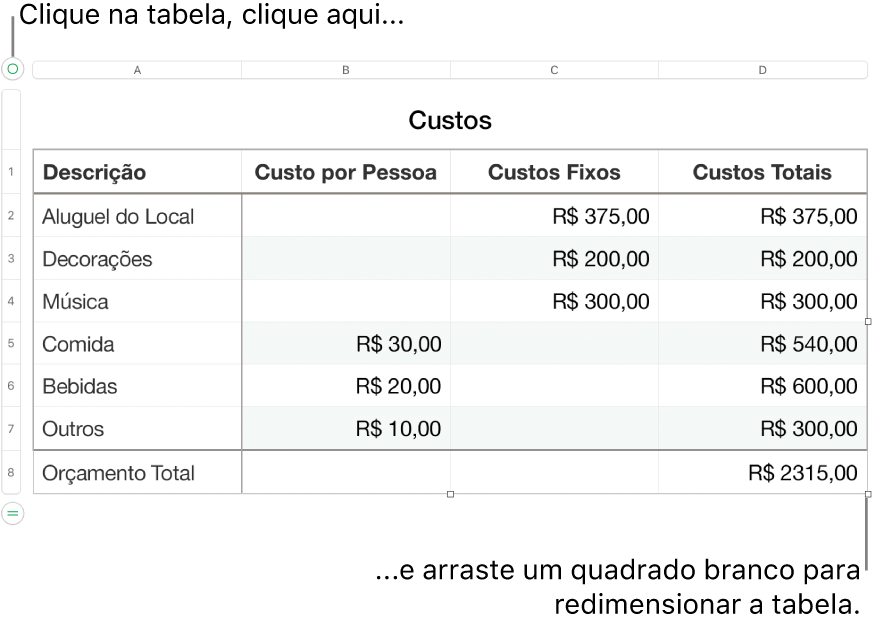 Tabela selecionada com quadrados brancos para redimensionamento.