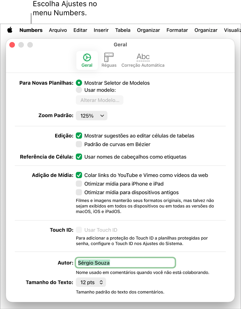 Janela de ajustes do Numbers aberta no painel Geral, com ajustes para novas planilhas, zoom padrão, edição, referências de célula, equações, adição de mídia, Touch ID, nome do autor e tamanho de texto padrão.