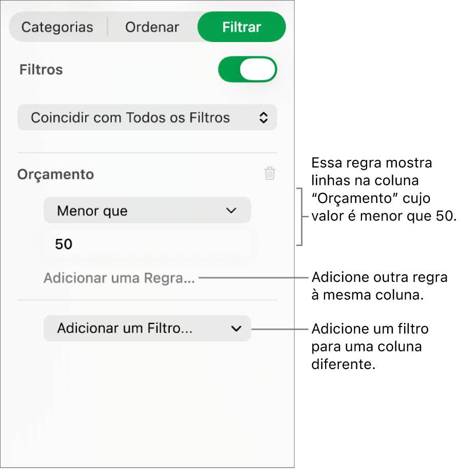 Controles para criação de regras de filtragem.