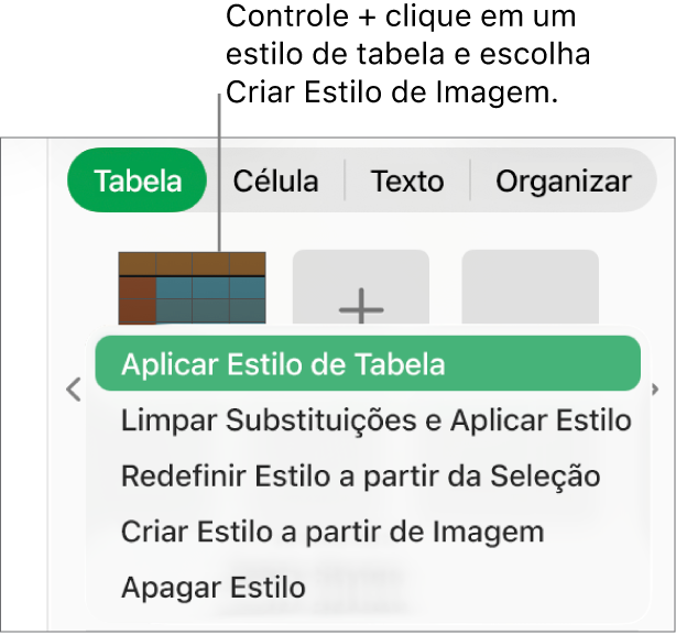 Menu de atalho de estilo da tabela.