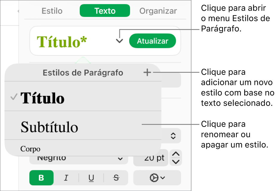 Menu Estilos de Parágrafo, exibindo os controles para adicionar ou alterar um estilo.