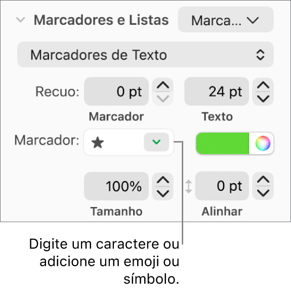Seção “Marcadores e Listas” da barra lateral Formatar. O campo Marcador mostra um emoji de estrela.