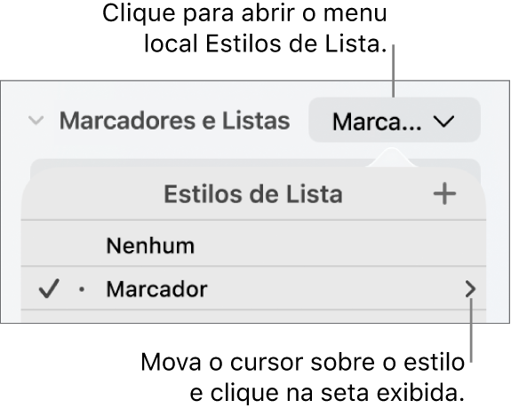 O menu pop-up Estilos de Lista com um estilo selecionado e uma seta em sua extrema direta.