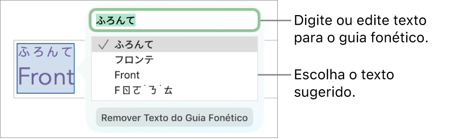 O guia fonético de uma palavra, com chamadas para o campo de texto e sugestão de texto.