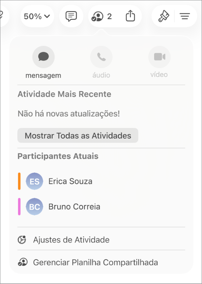 Menu de colaboração mostrando os nomes das pessoas que estão colaborando na planilha.