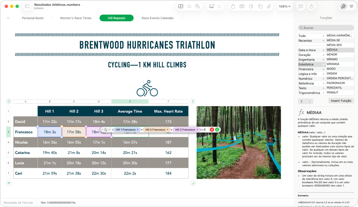 Janela do Numbers mostrando uma célula selecionada. A célula selecionada mostra o resultado de uma fórmula e, abaixo da célula, o Editor de Fórmula mostra a fórmula completa. Os valores usados na fórmula estão destacados e a barra lateral é aberta mostrando a ajuda de Fórmulas e Funções.