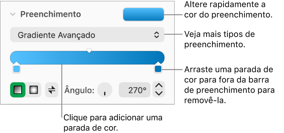 Controles para preenchimento de objetos com cores.