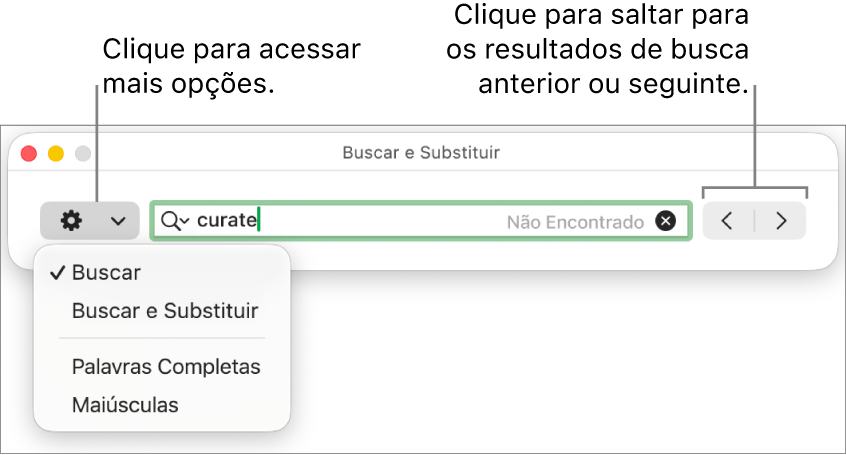 Janela Buscar e Substituir com o menu pop‑up que mostra opções para Buscar, Buscar e Substituir, Palavras Inteiras e Maiúsculas. As setas à direita permitem passar para os resultados de busca anteriores ou seguintes.