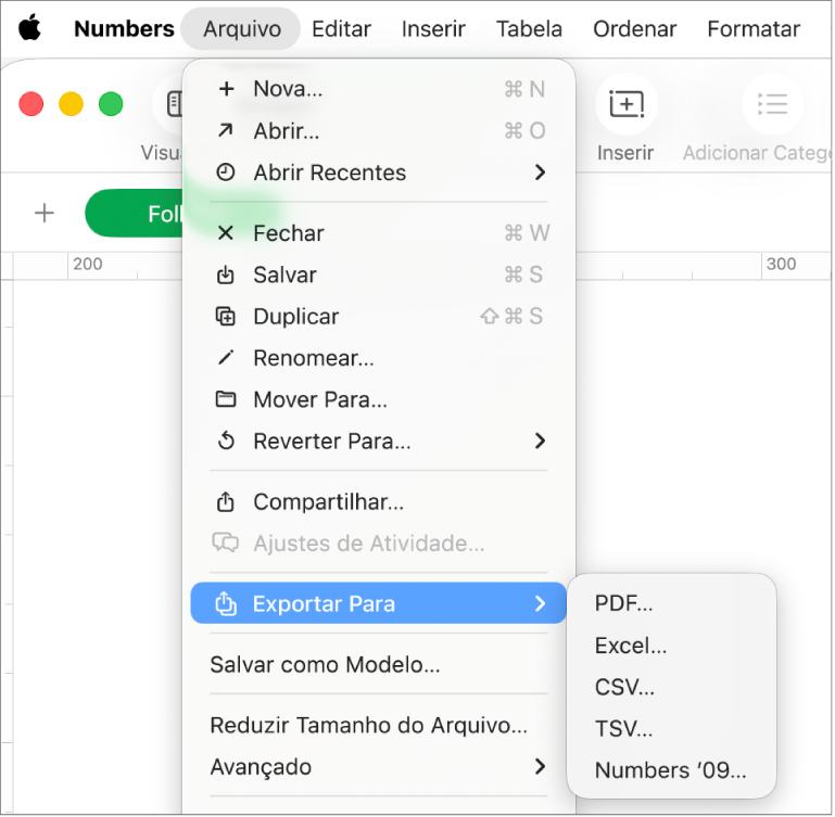 Menu Arquivo aberto com “Exportar para” selecionado e submenu mostrando opções de exportação, como PDF, Excel e CSV.