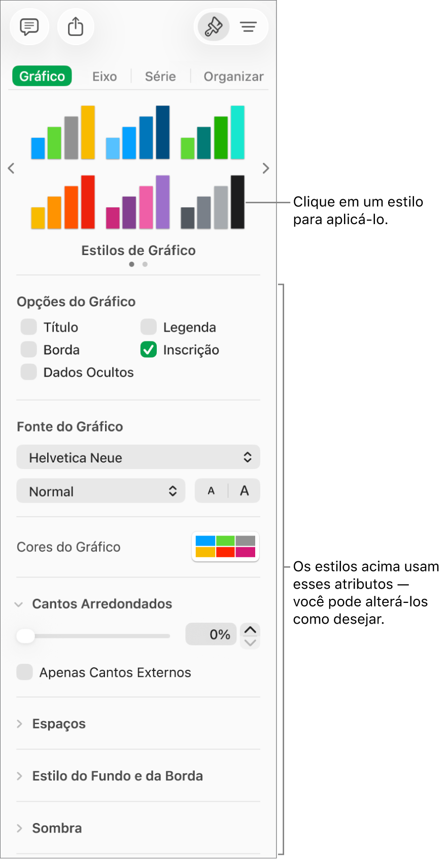 Barra lateral Formatar mostrando os controles para formatar gráficos.