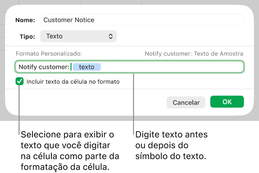 Formato personalizado de célula de texto.