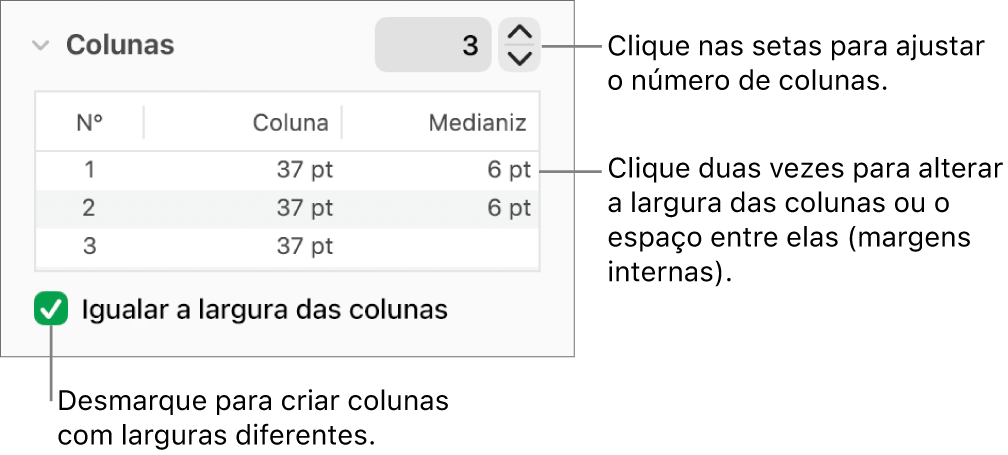 Os controles na seção colunas para alterar o número de colunas e a largura de cada coluna.