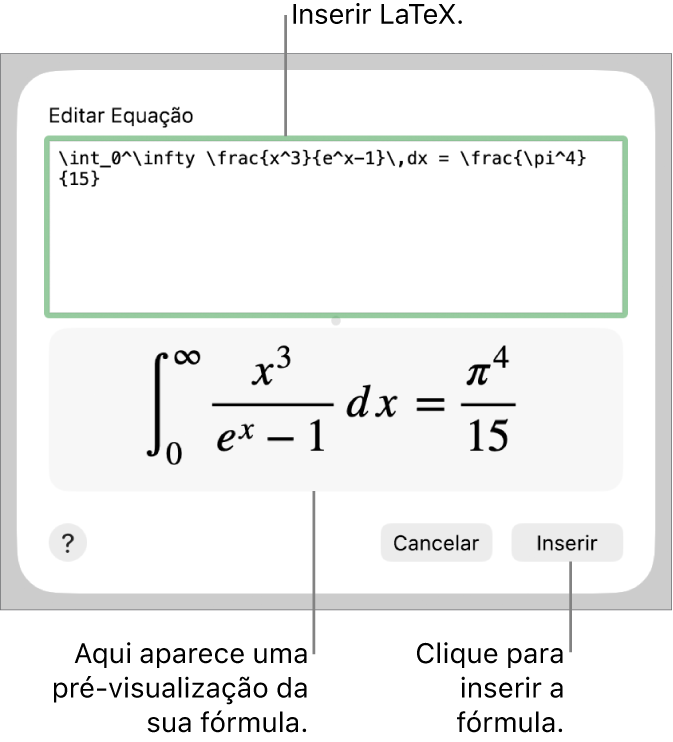 A fórmula quadrática escrita com LaTeX no campo Equação e uma pré-visualização da fórmula abaixo.