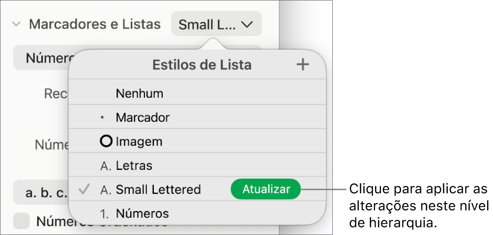 Menu pop-up “Estilos de Lista” com o botão Atualizar ao lado do nome do novo estilo.