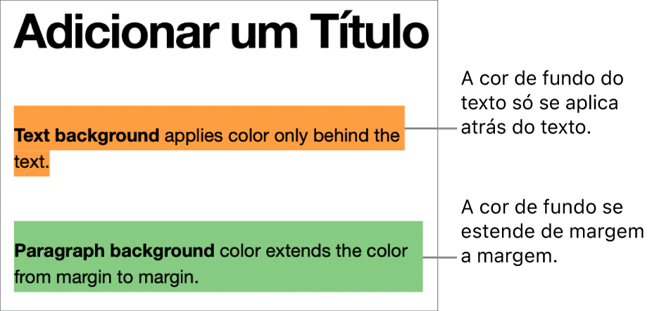 Um parágrafo com cor apenas atrás do texto e um segundo parágrafo com cor por atrás que se estende de uma margem a outra em um bloco.