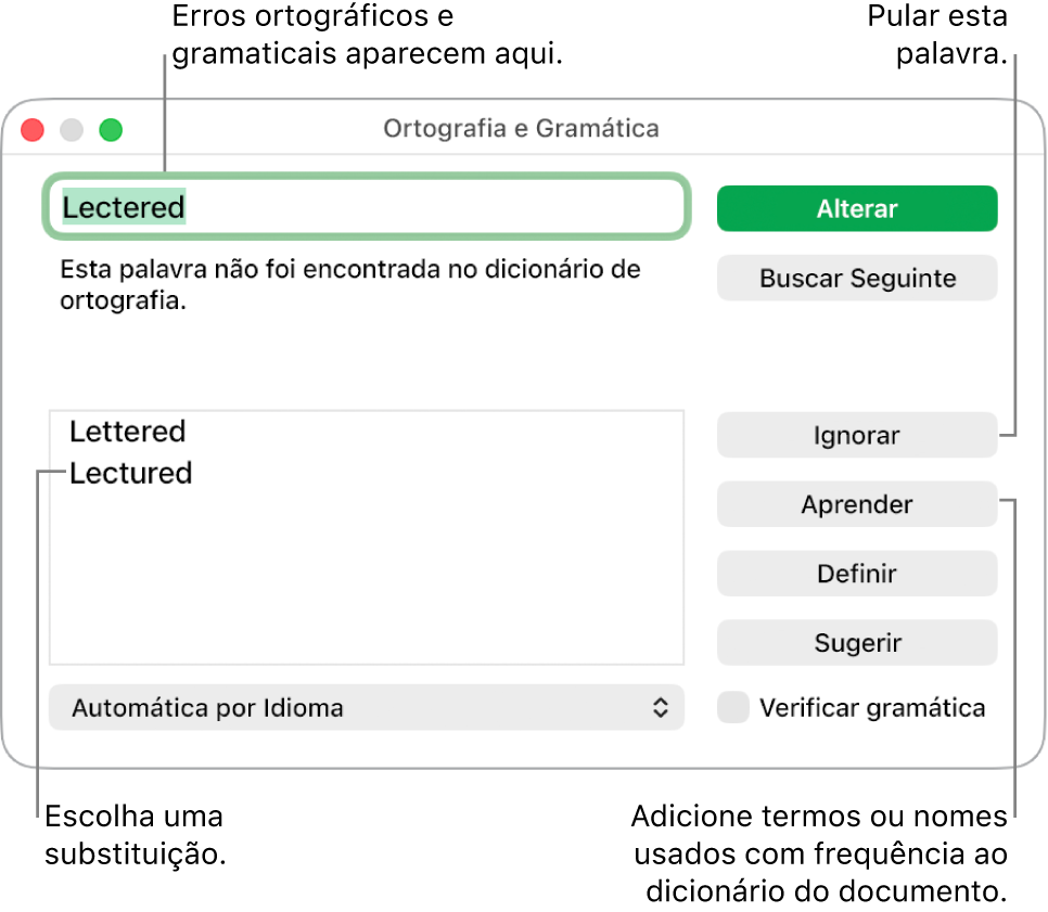 Janela de Ortografia e Gramática.
