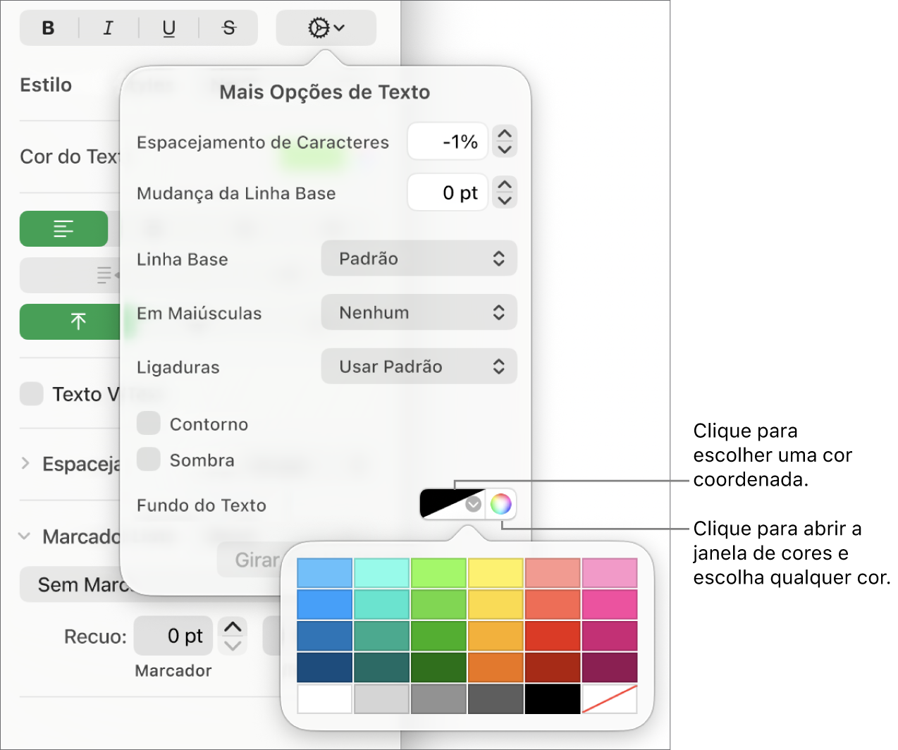Controles para escolher um preenchimento de caractere.