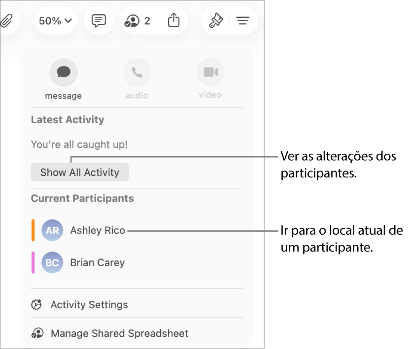 O menu de colaboração com dois participantes atuais listados.