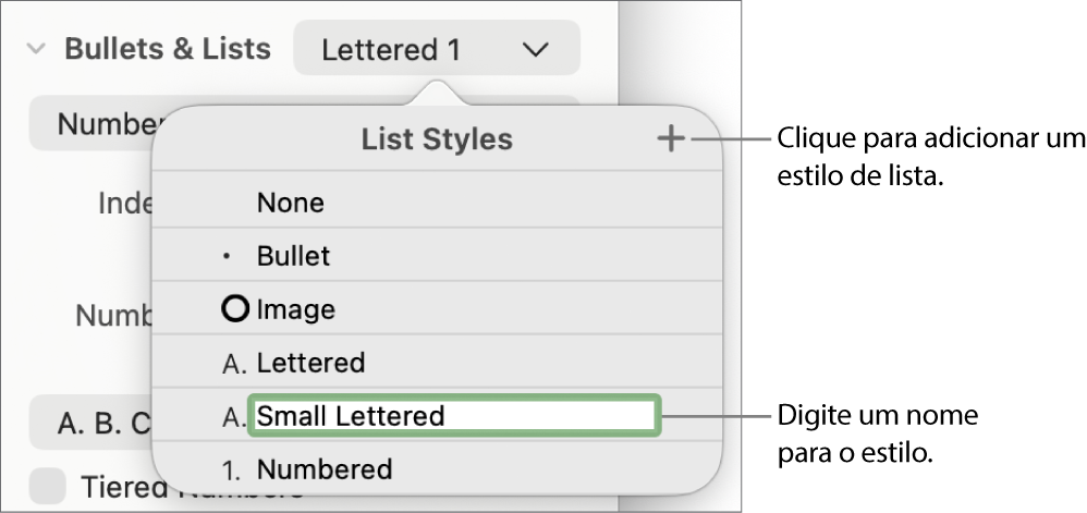 O menu pop-up “Estilos de lista” com um botão “Adicionar” no canto superior direito e um nome de estilo do marcador de posição com o respetivo texto selecionado.