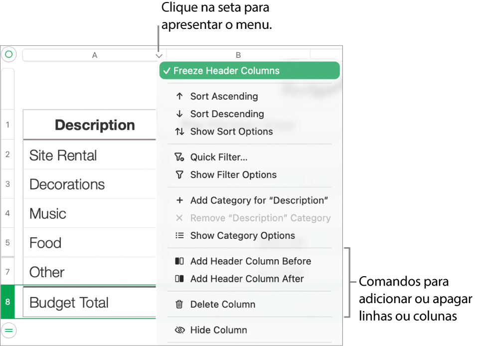 O menu de coluna de tabela com comandos para adicionar ou apagar linhas e colunas.