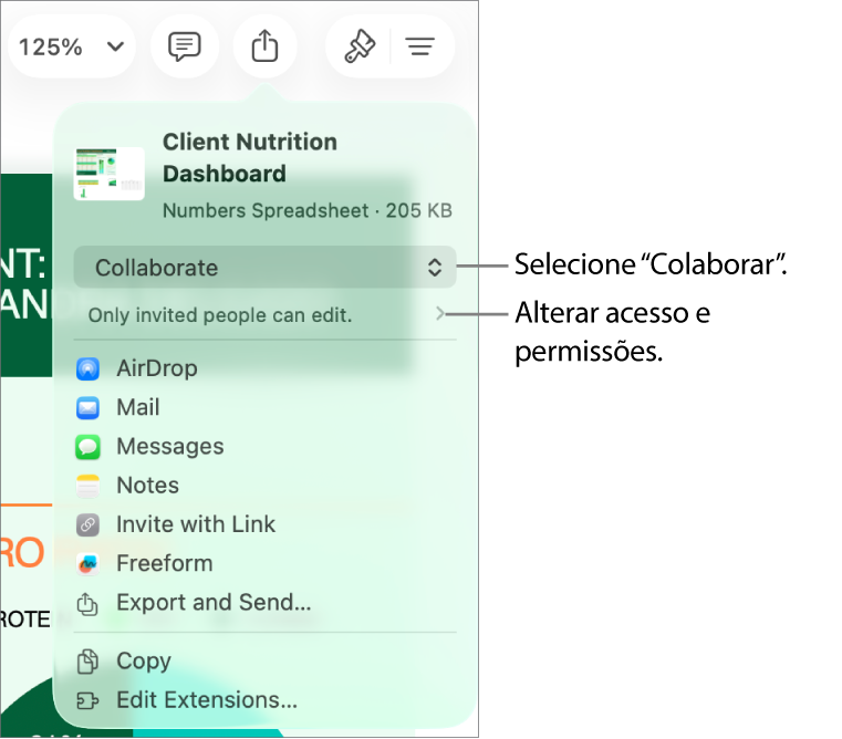 O menu "Partilha” com “Colaboração” selecionada na parte superior e as definições de acesso e permissão por baixo.