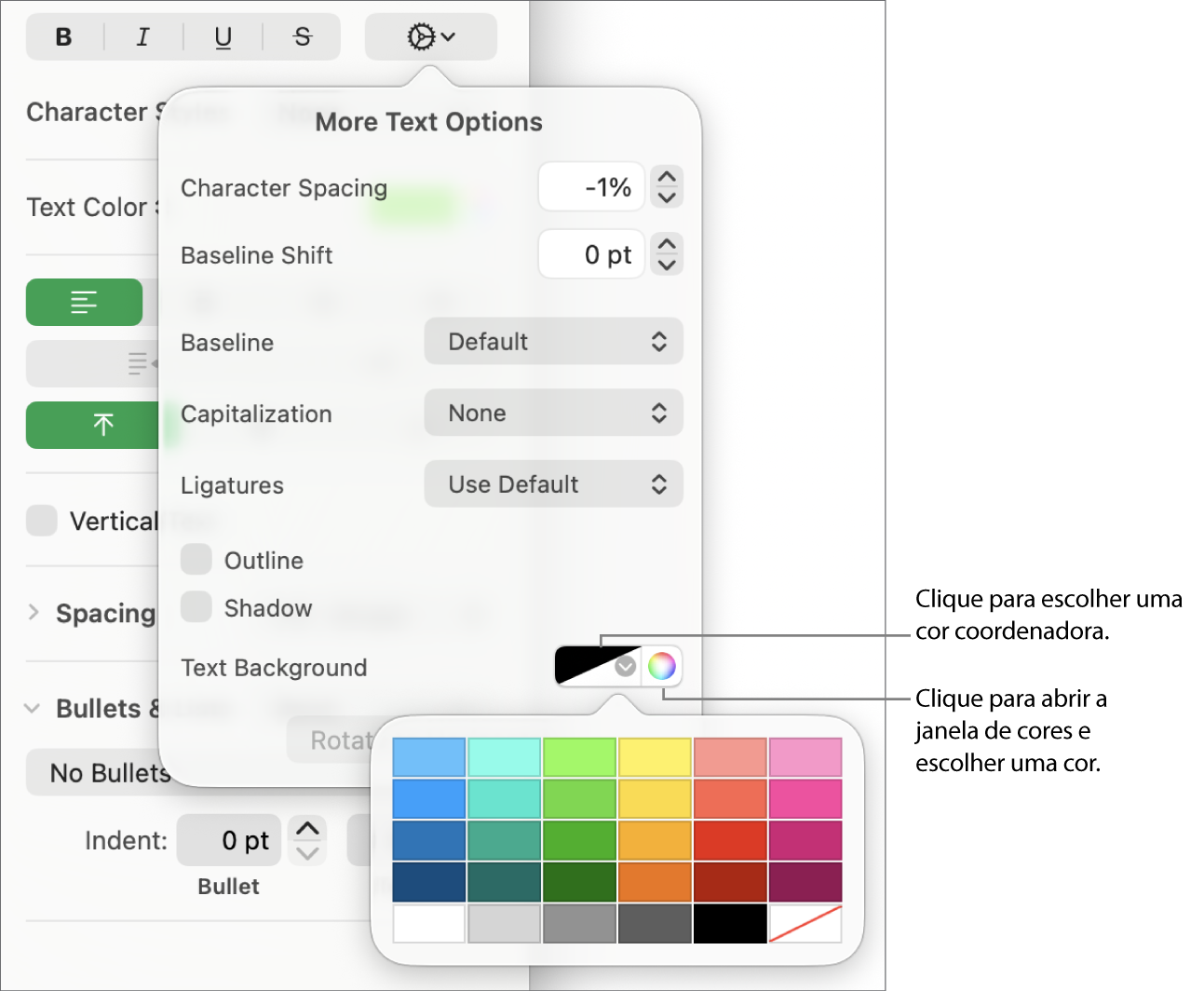 Controlos para escolher um preenchimento.
