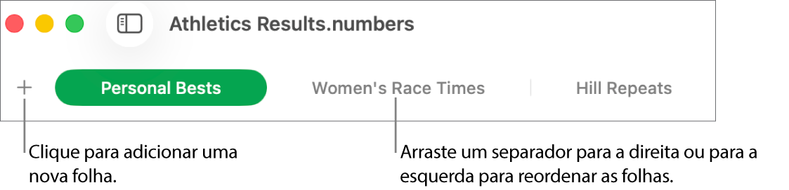 A barra de separadores para adicionar uma nova folha e reorganizar folhas.