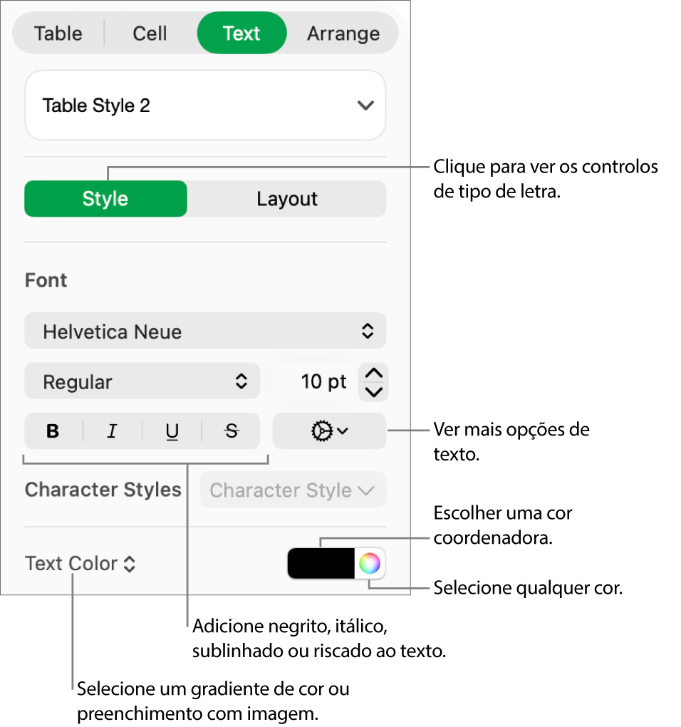 Os controlos para o estilo do texto de uma tabela.