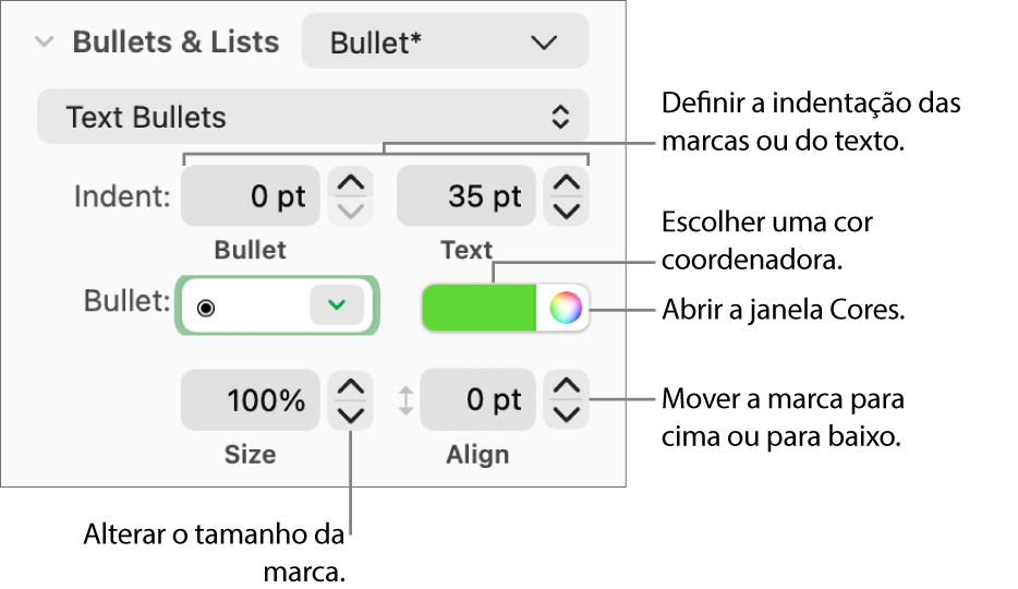 A secção “Marcas e listas” com chamadas para os controlos de indentação de texto e marcas, bem como cor, tamanho e alinhamento das marcas.