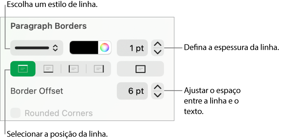 Controlos para alterar o estilo de linha, a espessura, a posição e a cor.