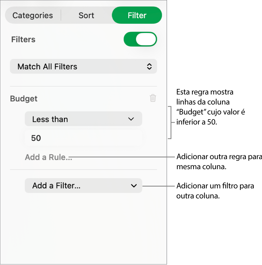 Controlos para criar regras de filtragem.