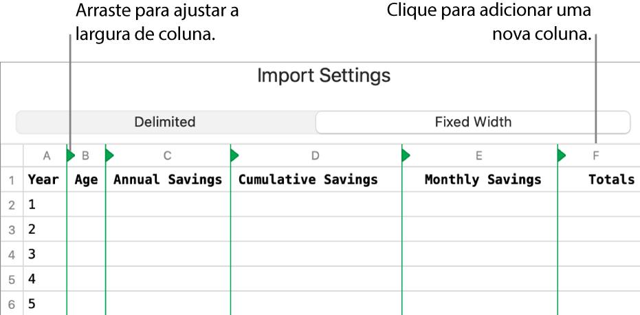 As definições de importação para um ficheiro de texto de largura fixa.