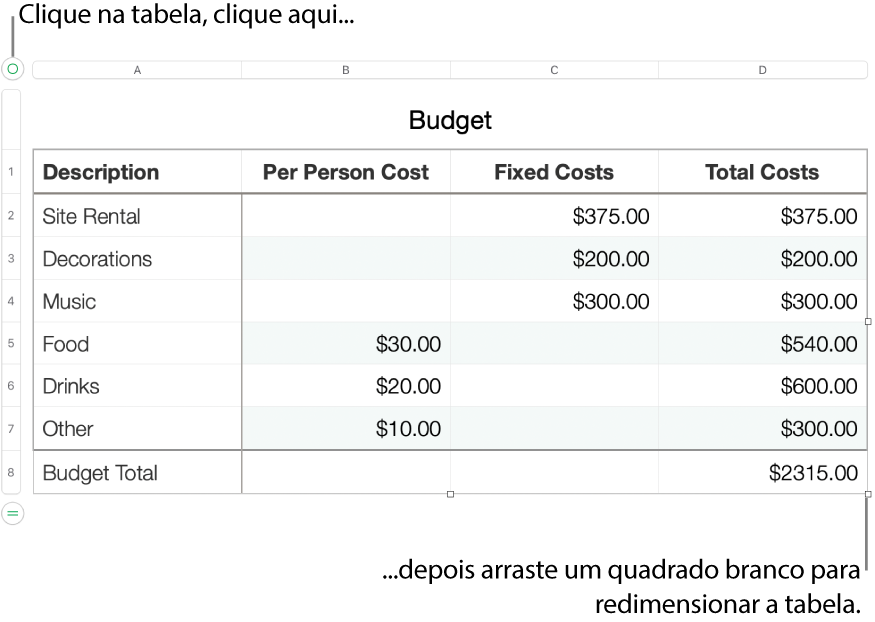 Uma tabela selecionada, com os quadrados brancos para redimensionamento.