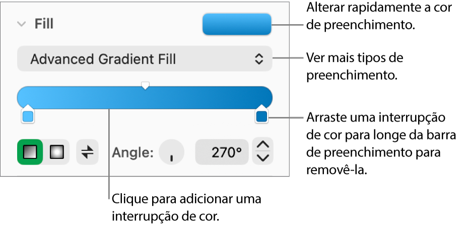 Controlos para preencher objetos com cores.