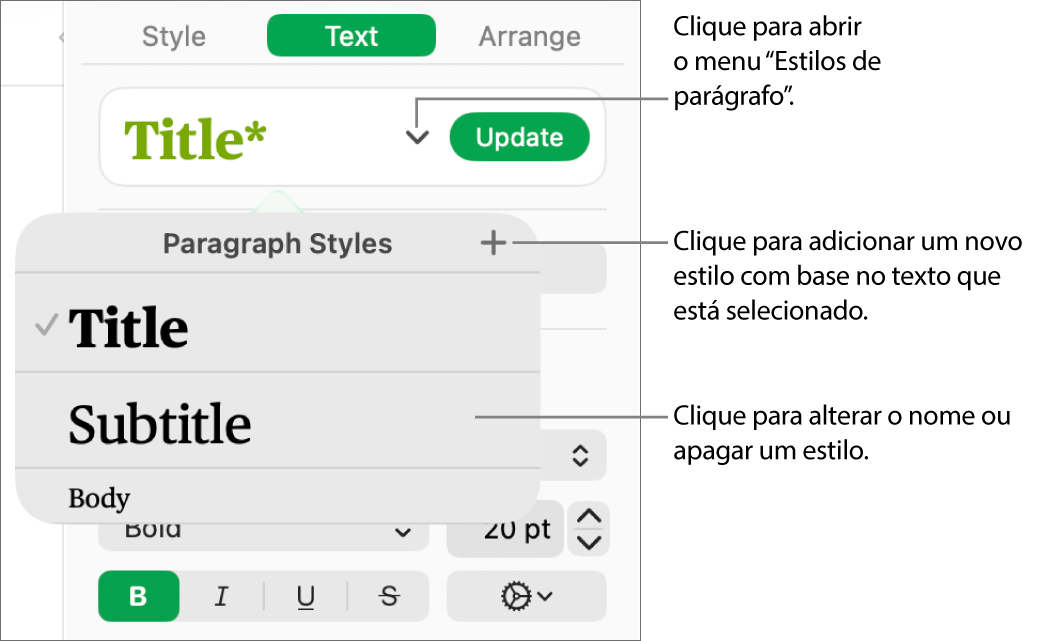 O menu “Estilos de parágrafo”, mostrando os controlos para adicionar ou alterar um estilo.