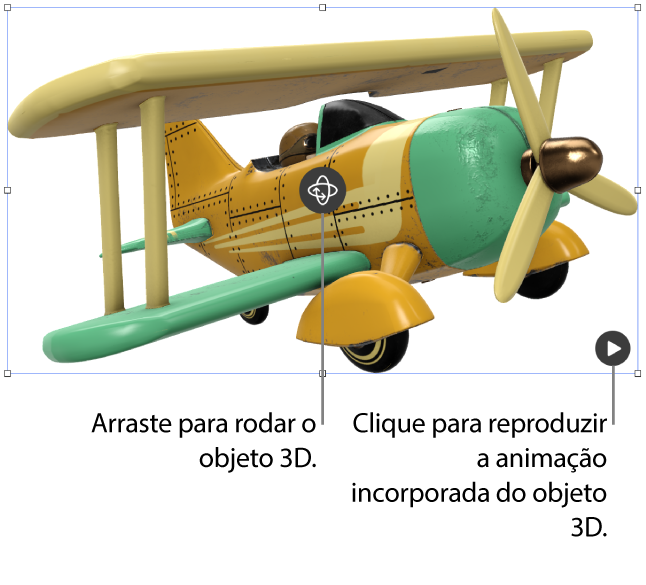 Um objeto 3D com o botão “Rodar” no meio do objeto e o botão “Reproduzir” no canto inferior direito.